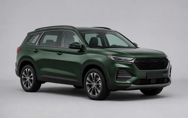 Dark green family SUV shown from the front three-quarter view in a light studio