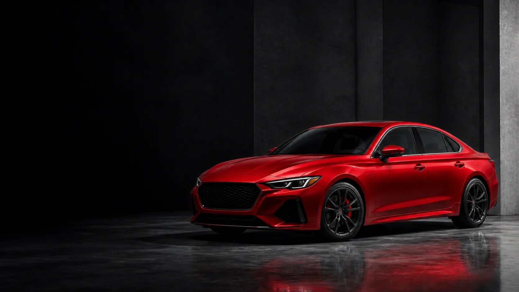 Red sports sedan in a dark editorial studio