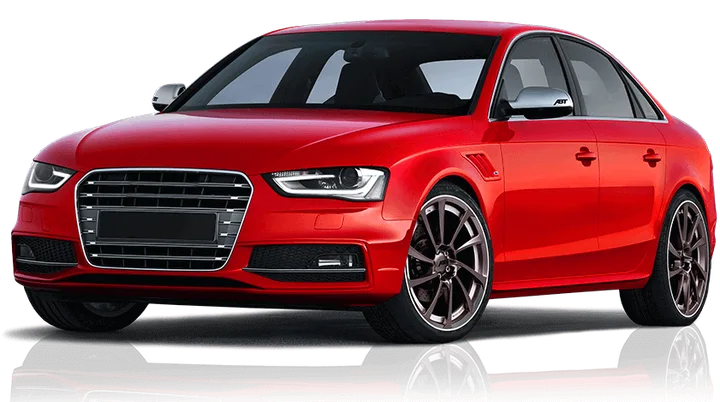 Red four-door sport sedan shown from the front three-quarter view on a transparent background